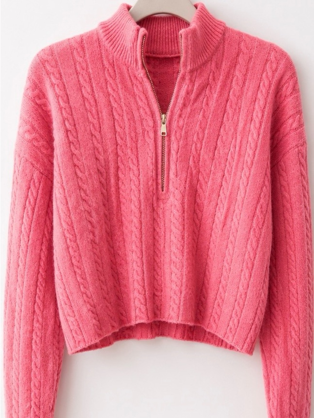 Pink Cable-Knit Half-Zip Crew Sweater